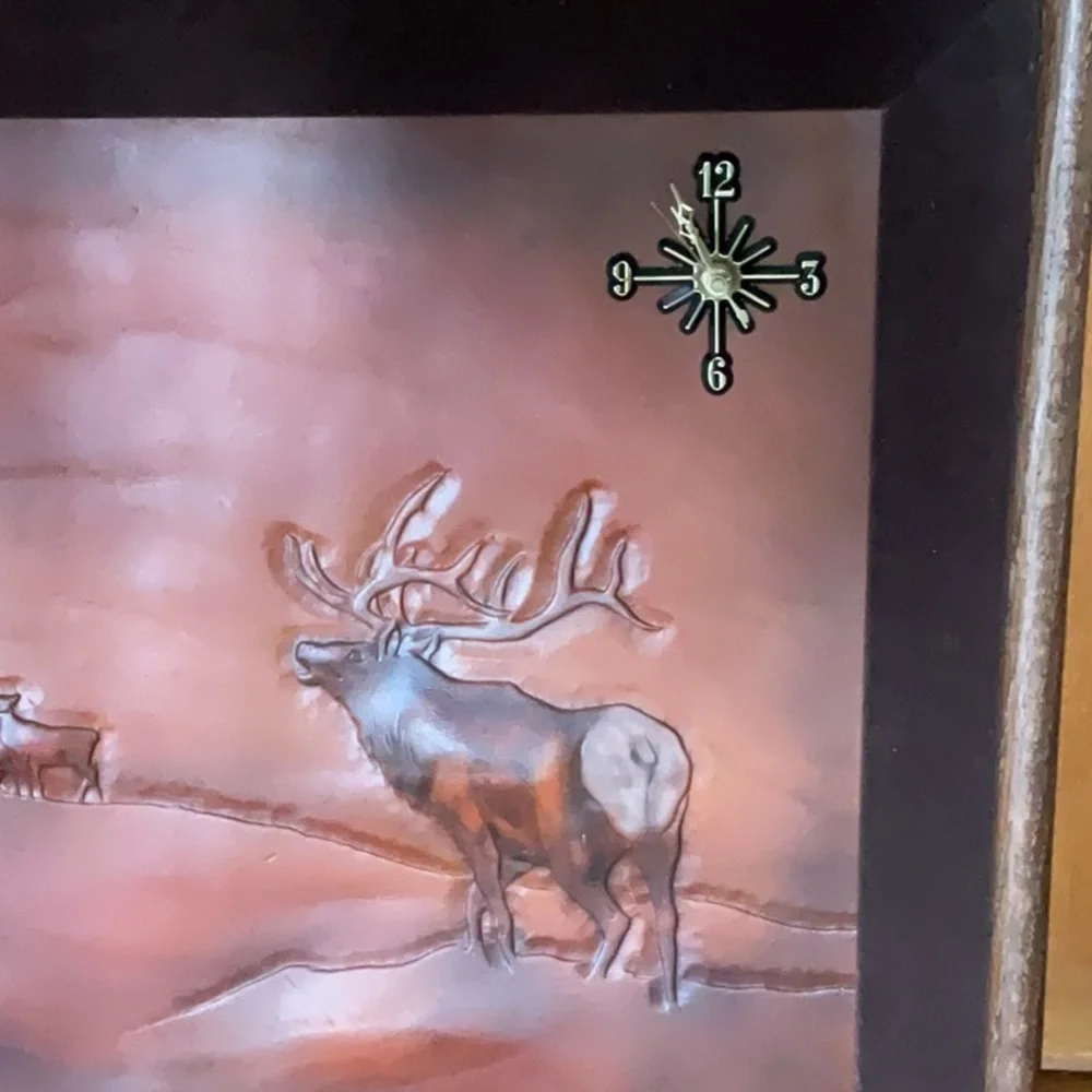 70’s Leather Tooled wall clock Bo-BEK, depicts a scene Elk Bucks 70’s Deer Elk
